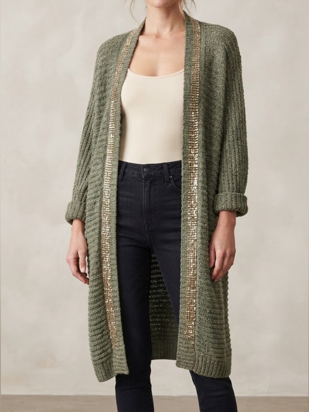 Chico’s Boho Glam Olive Green Sequin Trim Longline Open Front Cardigan